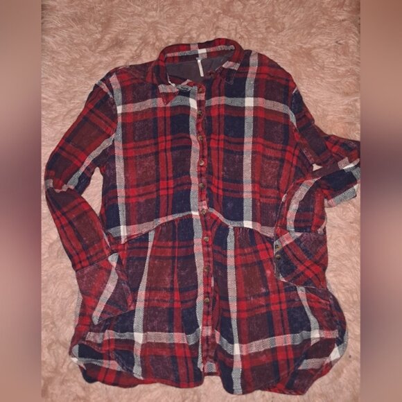 Free People Easy Street Red and Blue Plaid Button-Up Shirt - Picture 1 of 10